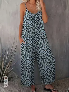 Ladies' Casual Sleeveless Jumpsuit, Leopard Print Pockets, Loose Knit Camisoles, All Seasons, Organic Textile, Comfortable & Stylish
