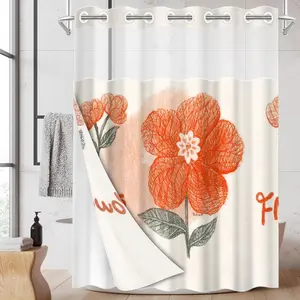 1pc hookless bathroom shower curtain with buckle lining, spring floral design with red flowers and green leaves, 2D flat printing, waterproof fabric lining, double-layered shower curtain with see-through window, 71 x 74 inches, modern home draping curtain
