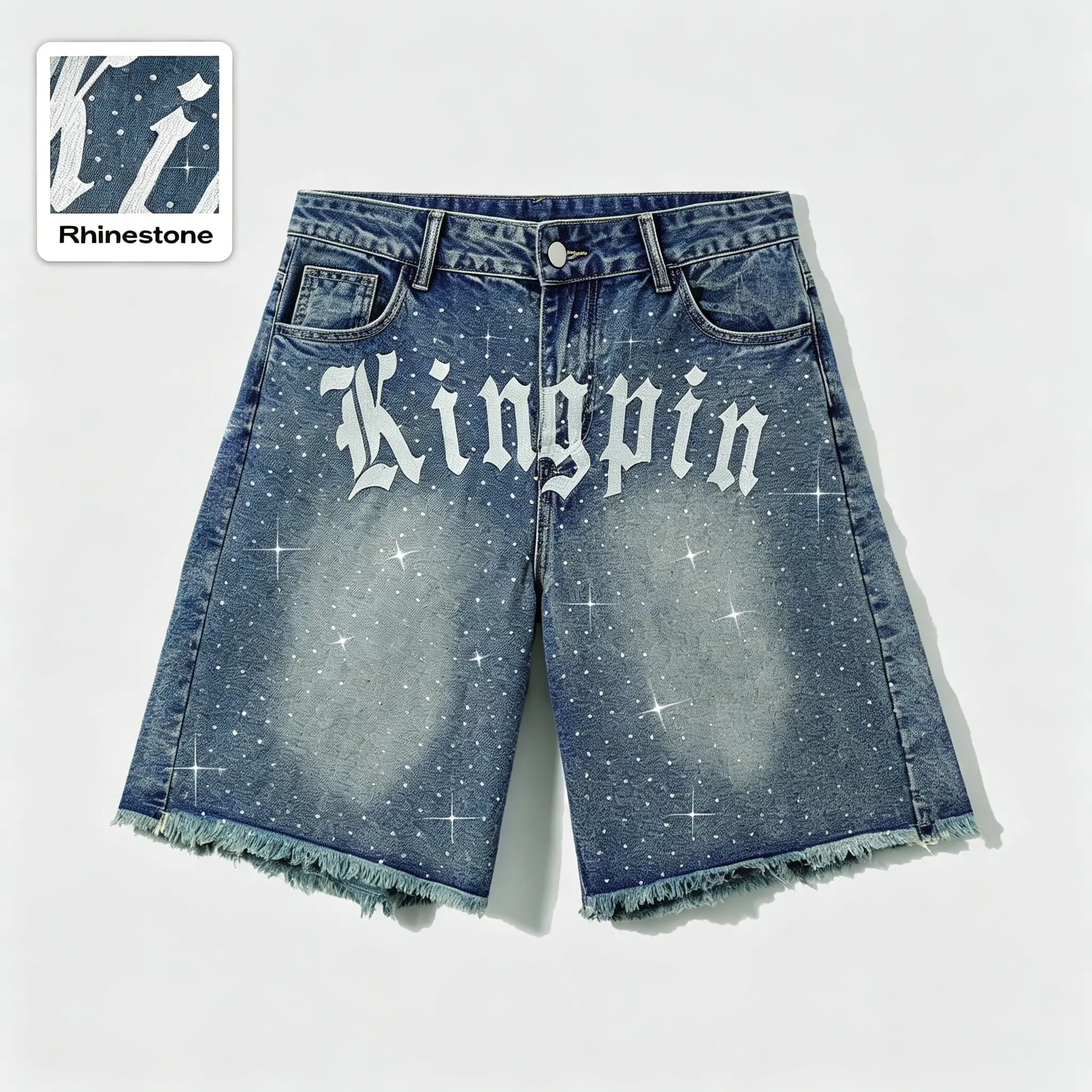 Denim Rhinestone Men's Shorts - Menswear Stylish Baggy Casual Streetwear, Cotton Blend Fabric, Rhinestone Letters Decor, Distressed Jeans Design, Loose Fit, Glam Letter Shine