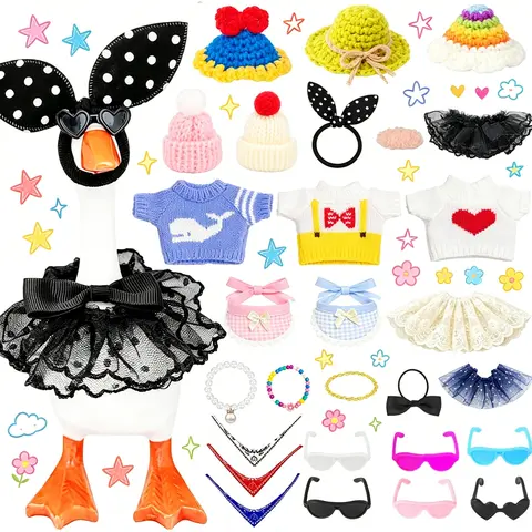 28pcs Playful Felt Crafts Outfit Set for 7in Goose Figurine - Mix-and-Match Mini Accessories: Hats, Sweaters, Dresses, Sunglasses - Desk, Office Table Decor Gift