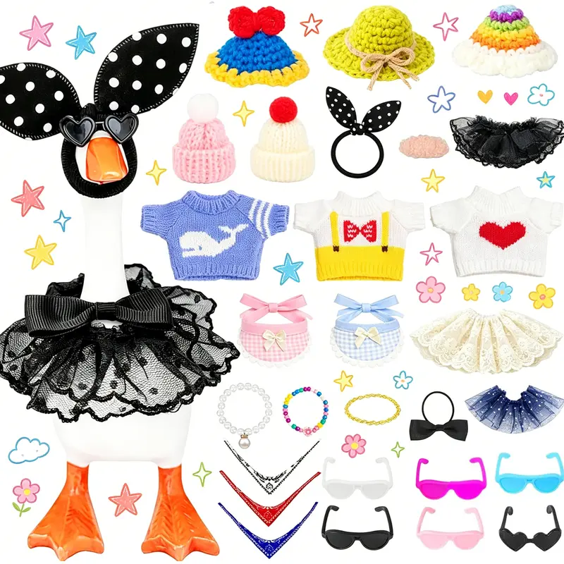28pcs Playful Felt Crafts Outfit Set for 7in Goose Figurine - Mix-and-Match Mini Accessories: Hats, Sweaters, Dresses, Sunglasses - Desk, Office Table Decor Gift