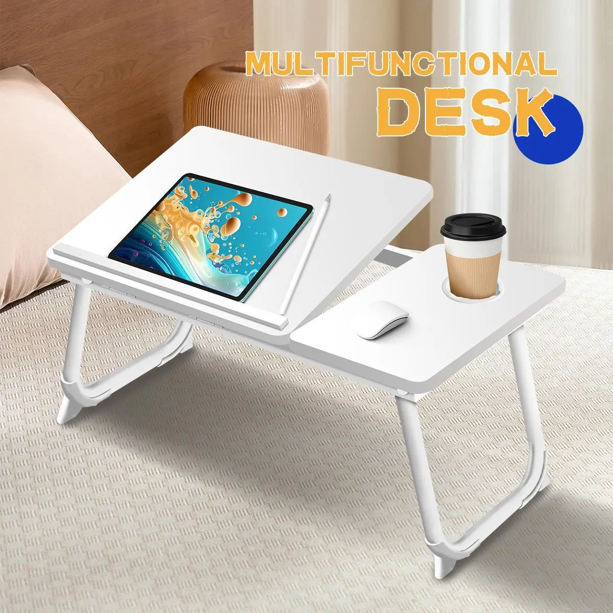 Foldable Laptop Bed Tray Table with 5 Adjustable Angles, Cup Holder, Carbon Steel Legs & Flat Folded Design for Bed-Sofa Work, Students & Home Users