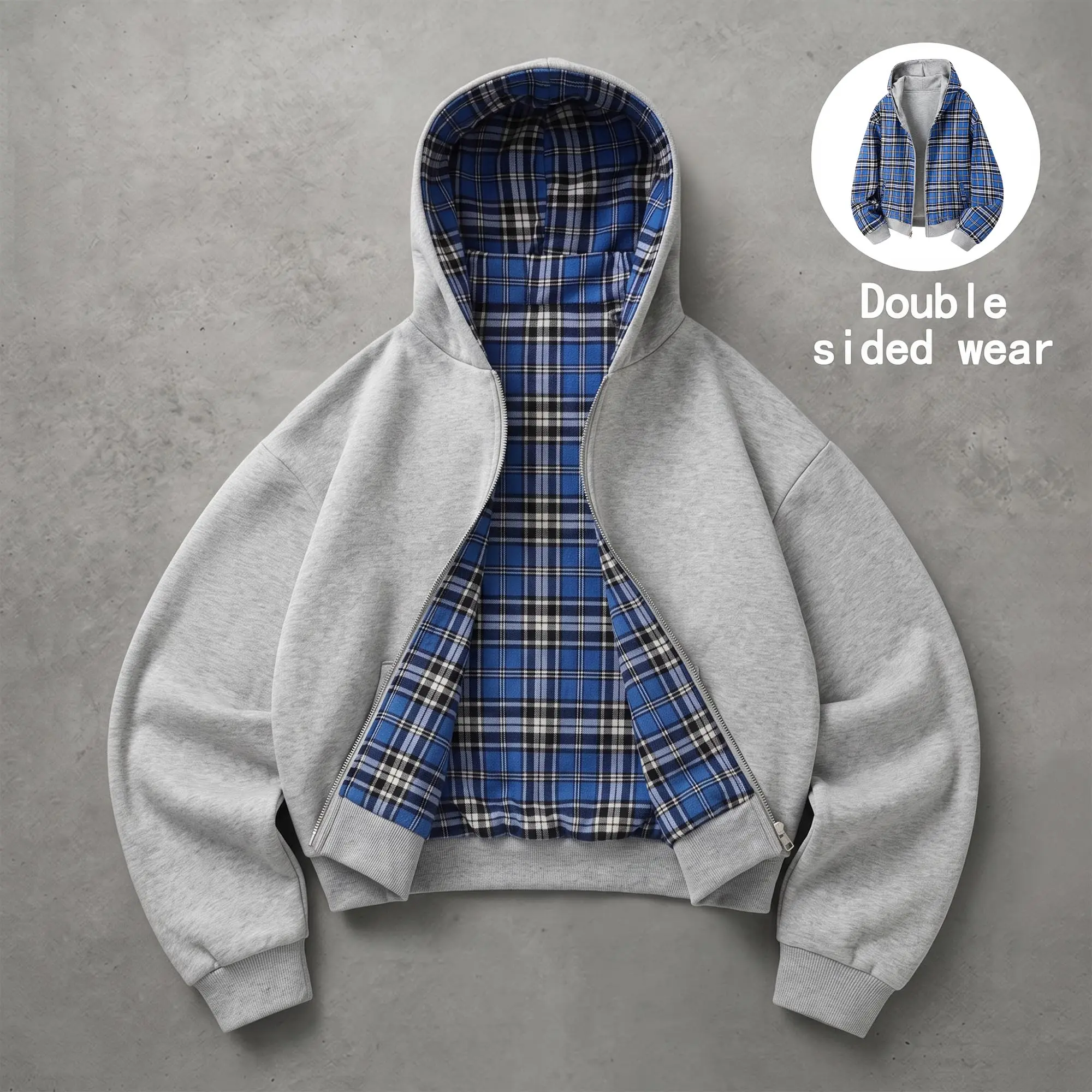 Unisex cotton hooded jacket, plaid reversible hoodie sweatshirt jacket, with pockets, comfortable casual streetwear top