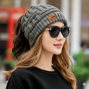 GIVE-Women's Winter Knitted Beanie: Fleece-Lined with Ponytail Slot, Windproof Slouchy Style – A Heartwarming Gift for Winter