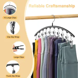 Arc-Shaped Clothes Hanger, Metal Yoga Pants Hanger, Closet Storage Rack, 10 Clips, Space-Saving Hanging Hanger, Rubber Coated