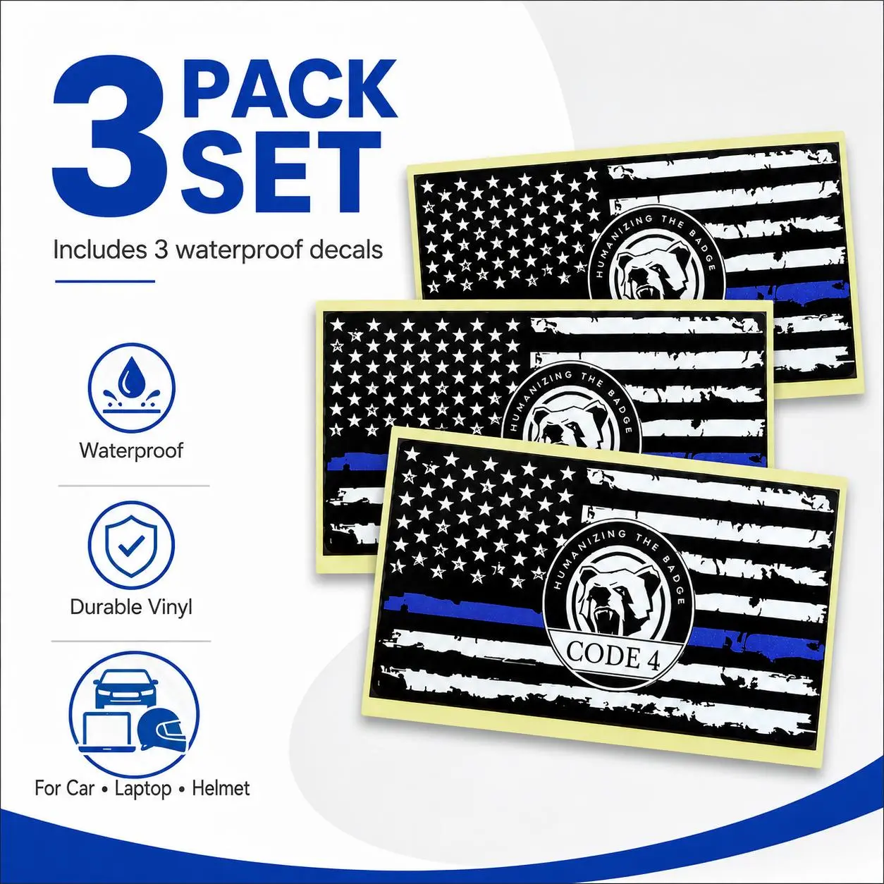 Back the Blue Stickers 3 Pack | Thin Blue Line Code 4 Police Vinyl Decal, 3D Waterproof Car, Laptop & Helmet Sticker, Cop Gift