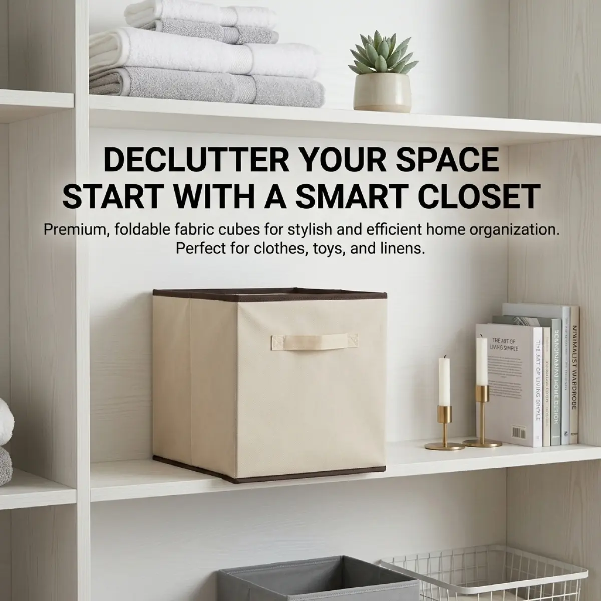 Modern Minimalist Stackable Fabric Organizer Storage Boxes - Collapsible, Foldable, Durable, Compact Cube Boxes with Handles for Bedroom Wardrobe, Shelf