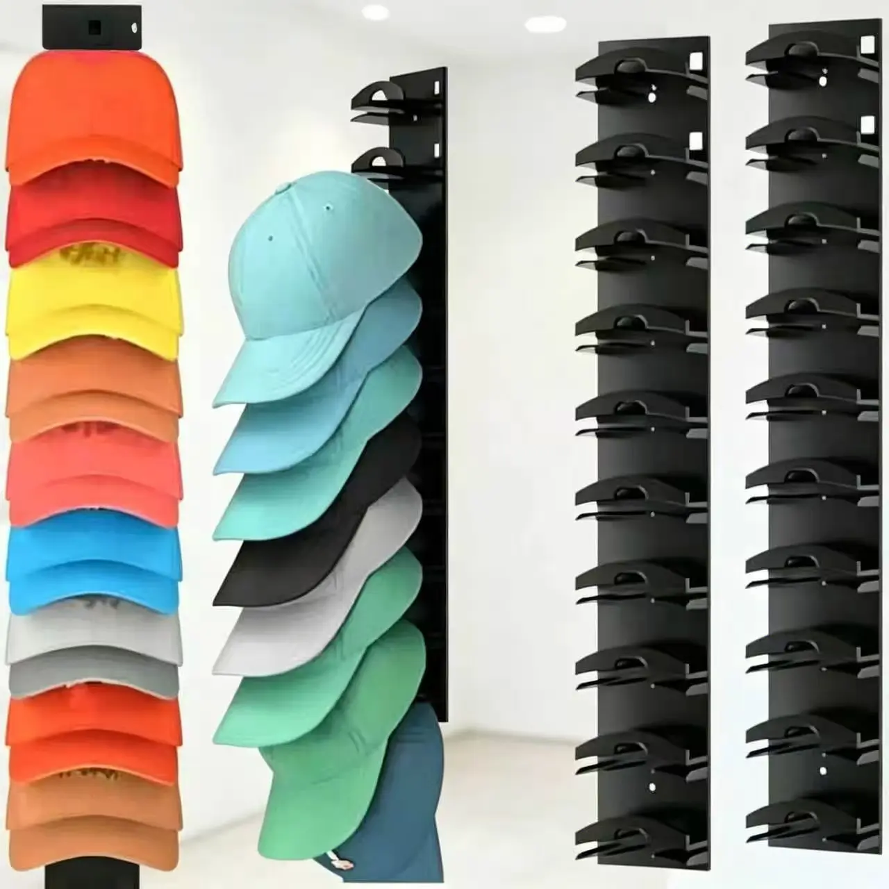 2 Pack Hat Organizer for Baseball Caps with Built-in Spring Clips,Wall Mounted Hat Organizer Rack with Strong Adhesive Hold up to 20 Hats, Hat Hanger Holder Display for Door Closet, Bedroom,Closet,Cap Organizer Storage Multilayer Two Mounting Option