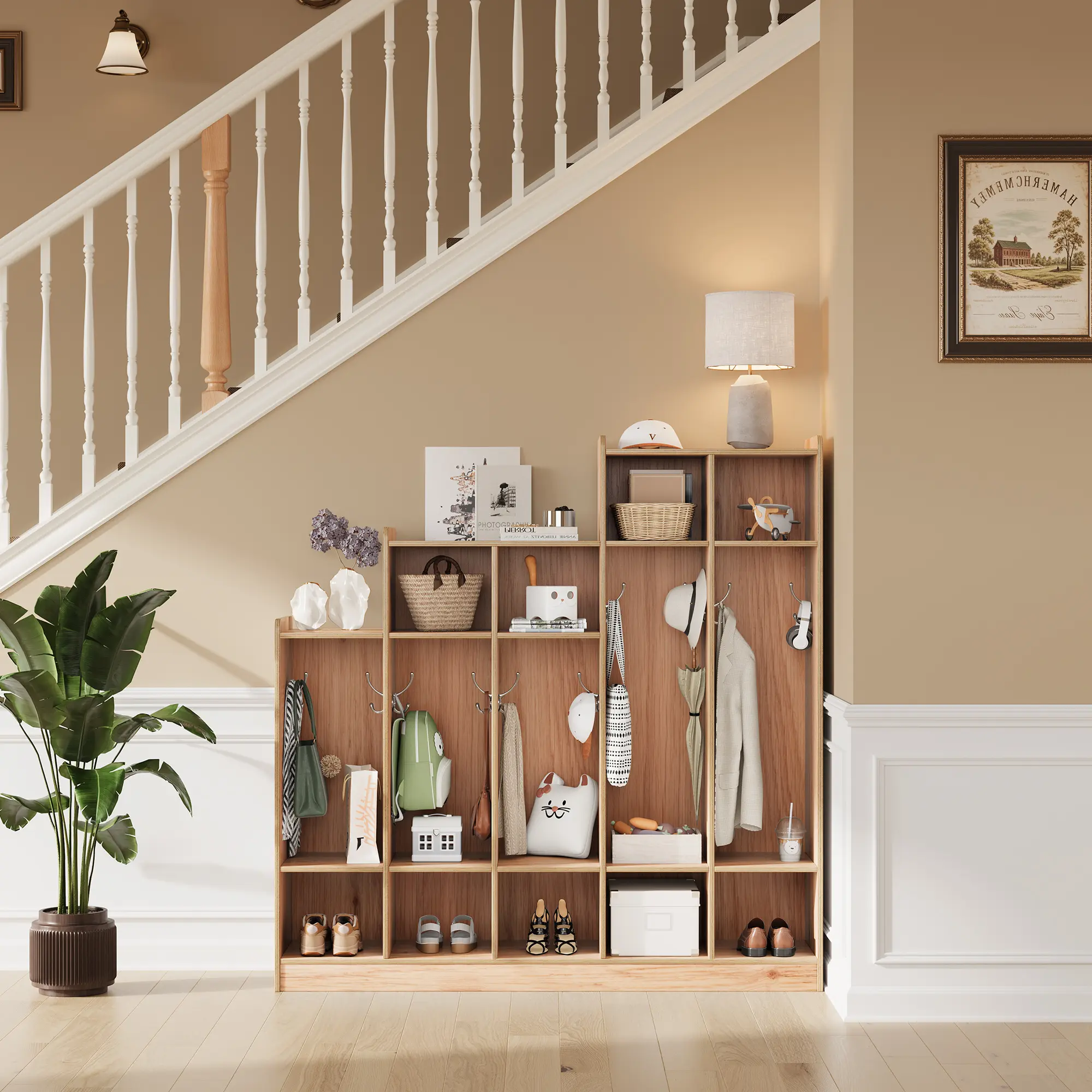 Natural Wood 5-Tier Ladder Bookshelf with Top Cabinet - MDF Single Unit Bookcase, Open Shelves, Stable Unfolded Size 47.2"w x 12"d x 47.6"h Tall Narrow Storage Organizer, Nursery Furniture for Kids’ Reading & Organization Skills