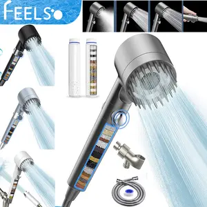 FEELSO Filtered Shower Head with Handheld High Pressure 4 Spray Modes Water Softener Filters Beads for Hard Water Removes Chlorine Reduces Dry Itchy Skin Chrome Finish