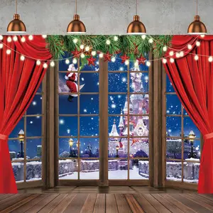 Christmas Window Photography Backdrop, Santa Flying over Snow Castle Polyester Curtain, Holiday Party Decoration, Indoor Backdrops, Exhibition Display
