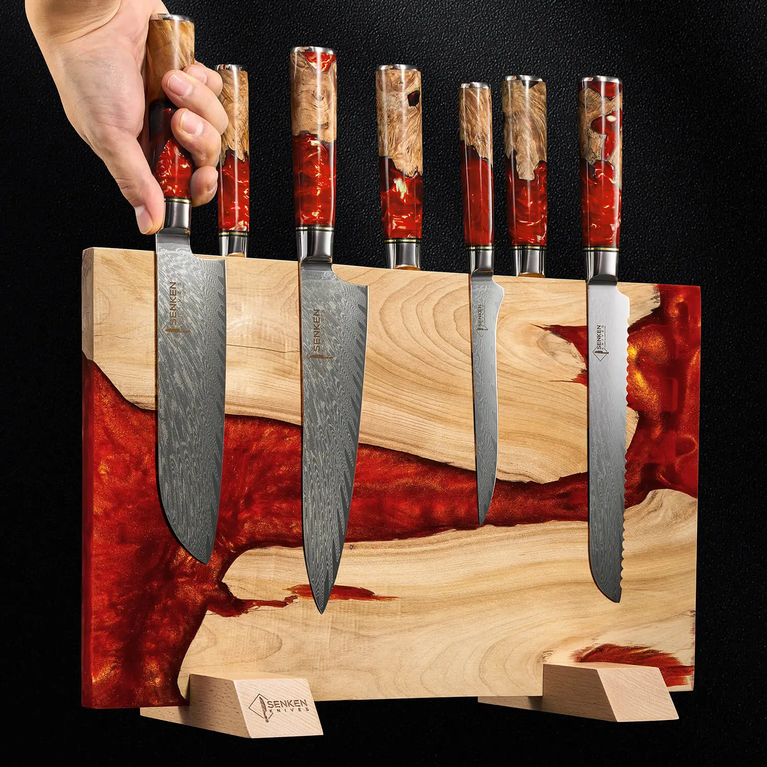 Extra Large "Tsunami " Magnetic Knife Block - Holds Up to 16 Knives - Beautiful Red Resin & Natural Wood Blend, Universal Knife Holder