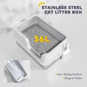 【Easy Cleaning Litter Box】 PawHut Stainless Steel Litter Box, XL Enclosed Cat Litter Box for Big Cats with High Side, Scoop, Easy Cleaning & Anti-Urine Leakage, for Large Cats, Light Gray