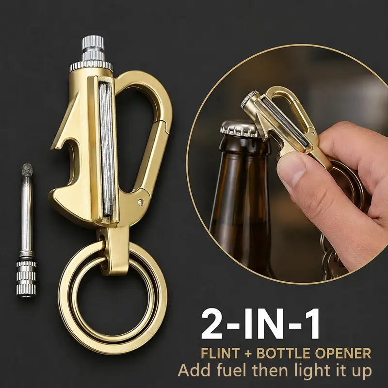 Multifunctional Metal Keychain with Built-in Bottle Opener & Flint Fire Starter | Cool EDC Pocket Tool Key Ring | Portable Everyday Carry Accessory for Beer Lovers | Unique Birthday Gift Idea for Men Dad Husband Boyfriend((Fuel Is Not Included)