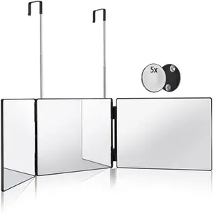 Makeup Mirror 3 Way Mirror for Hair Cutting Bathroom Mirror Trifold Mirror with Height Adjustable Telescoping Hooks with 5X Magnification Mirror