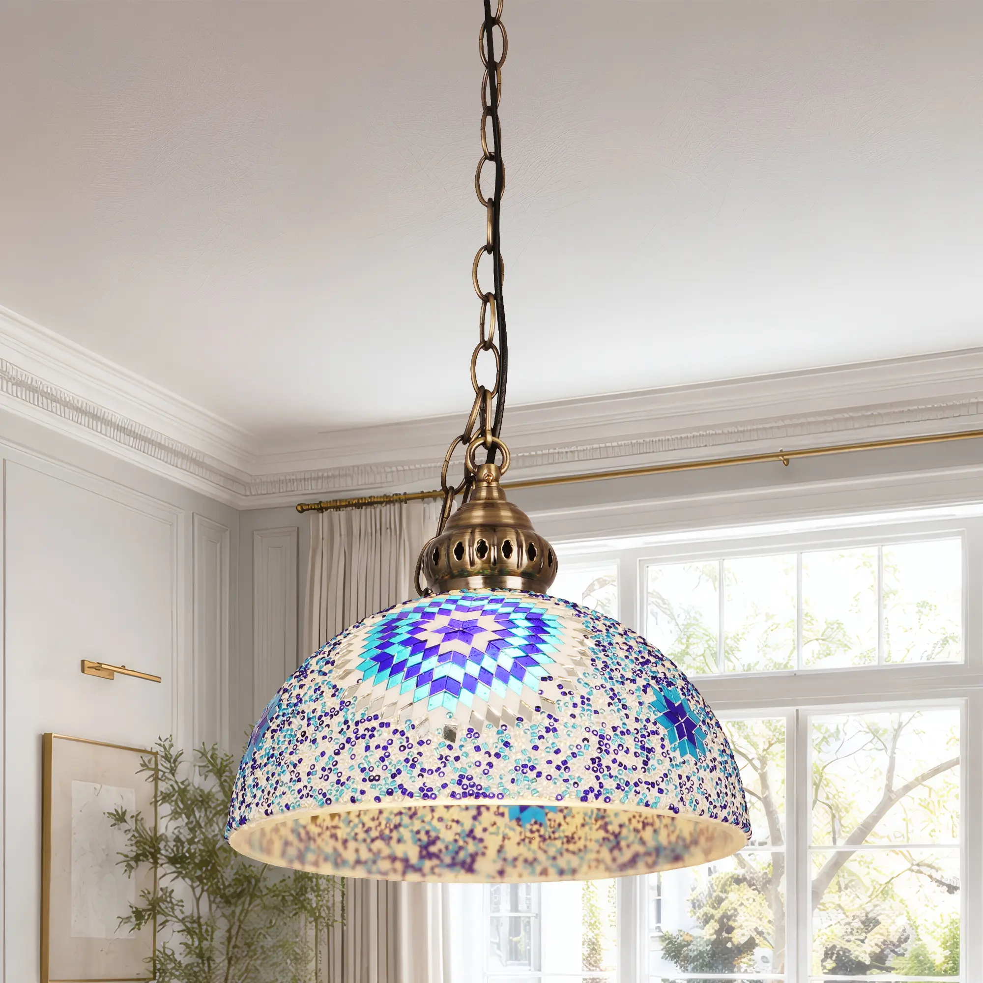 11.8 Inch Starry Blue Mosaic Glass Pendant Light, Vintage Turkish Moroccan Hardwired Hanging Lamp, Adjustable Chain Ceiling Light with E26 Socket for Kitchen Bar Cafe Dining Room Decor