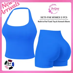 Jetjoy Workout Sets for Women 2 Piece, Gym Sets for Women 2 Piece Gym Outfits Seamless Longline Halter Backless Crop Top Scrunch Bum Shorts Yoga Outfits Gym Tracksuit