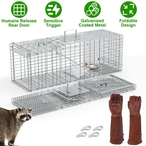 Humane Cat Trap Cage With Gloves Catch Release Live Animal Rodent Cage Collapsible Galvanized Wire for Raccoons Beavers Groundhogs Foxes Armadillos