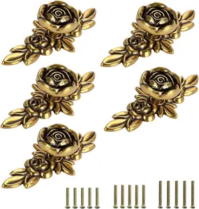 Pack of 5 Euro Rose Decorative Cabinet Knobs with Plate, Floral  Drawer Knob Cupboard Door Knobs,  White Drawer Pulls Cabinet Handle Knobs for Dresser Cabinet