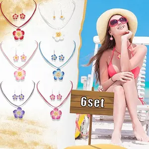 6 Sets Hawaiian Plumeria Flower Jewelry Set for Women - Soft Multicolor Necklace & Earrings (Pink, Blue, Red, Purple, Yellow, White) - Bohemian Hawaiian Plumeria Flower Dainty Hoops & Choker, Year-Round Wear for Vacation, Wedding, Party