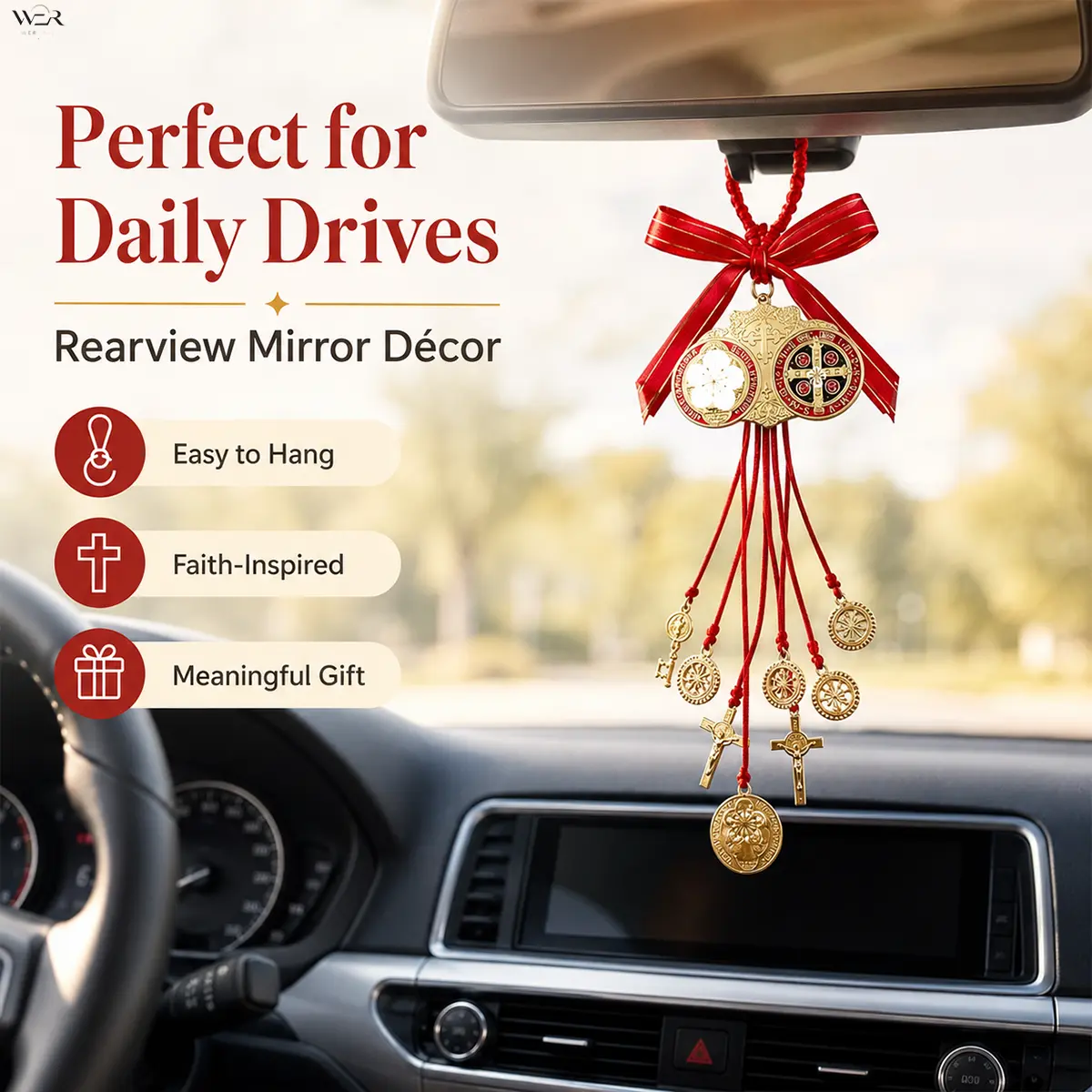 Saint Benedict Gold Red Cross Car Mirror Charm - 35 cm Length, 9.5 cm Medal, Cross and Medal, Feminine, Sparkling, Elegant, Lightweight, Versatile Religious Gift for Women Daily Driving Special Occasion Accessory