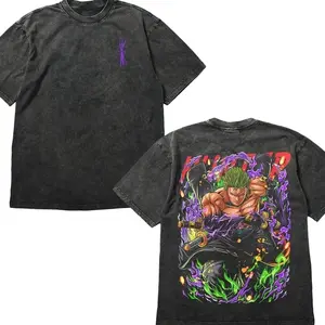 Roronoa Zoro "King of Hell" Anime T-Shirt - Vintage Washed Heavyweight Cotton Tee, Three Sword Style Graphic Streetwear, Retro Oversized Shirt for Men & Women