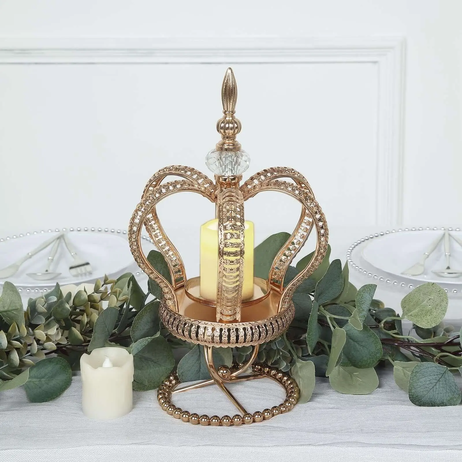 13" Gold Metal Crown Spiral Pillar Candle Holder Stand - Jeweled Votive Centerpiece, All Seasons Tabletop Candle Holders for Table Centerpiece, Gold Table Decor