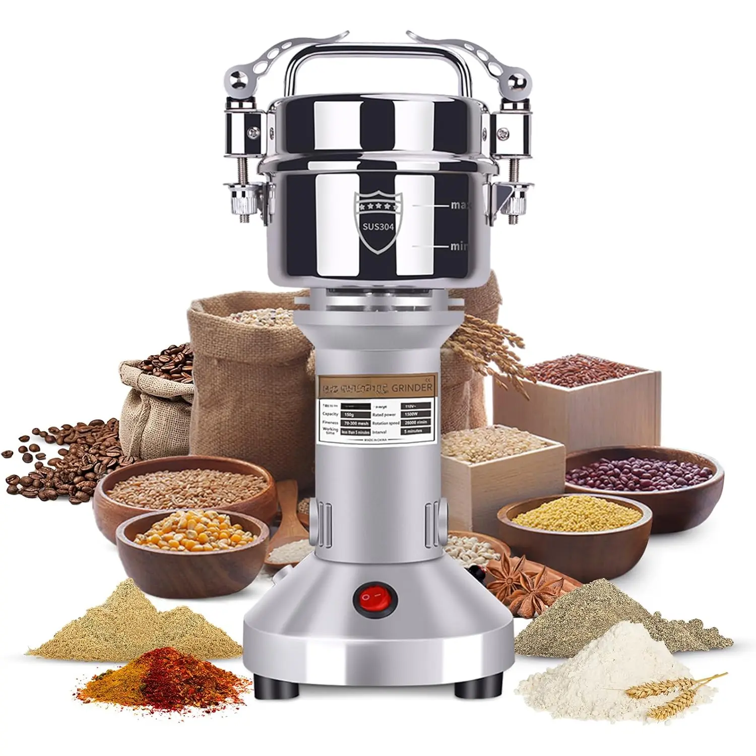 150g Stand-Type High-Efficiency Grain Mill - 1500W Stainless Steel High-Speed Rice Milling Machine, Durable, 1-Year Lifespan, Easy Cleaning & Storage, Timer Button, Dry Wheat/Oats Compatible, Personal/Family Use, User-Friendly Tips