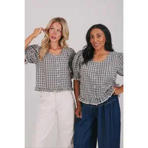Women's Casual Plaid Blouse, Feminine Button-Front Cotton Top with Short Puff Sleeves and Ruffled Lace Trim, Plus Size Fashion, Casual Outfit Inspo