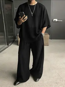 INCERUN Men's Round Neck Short Sleeve Top Long Pants Transparent Solid Color Two-Piece Set, Casual Summer, Comfortable and Stylish