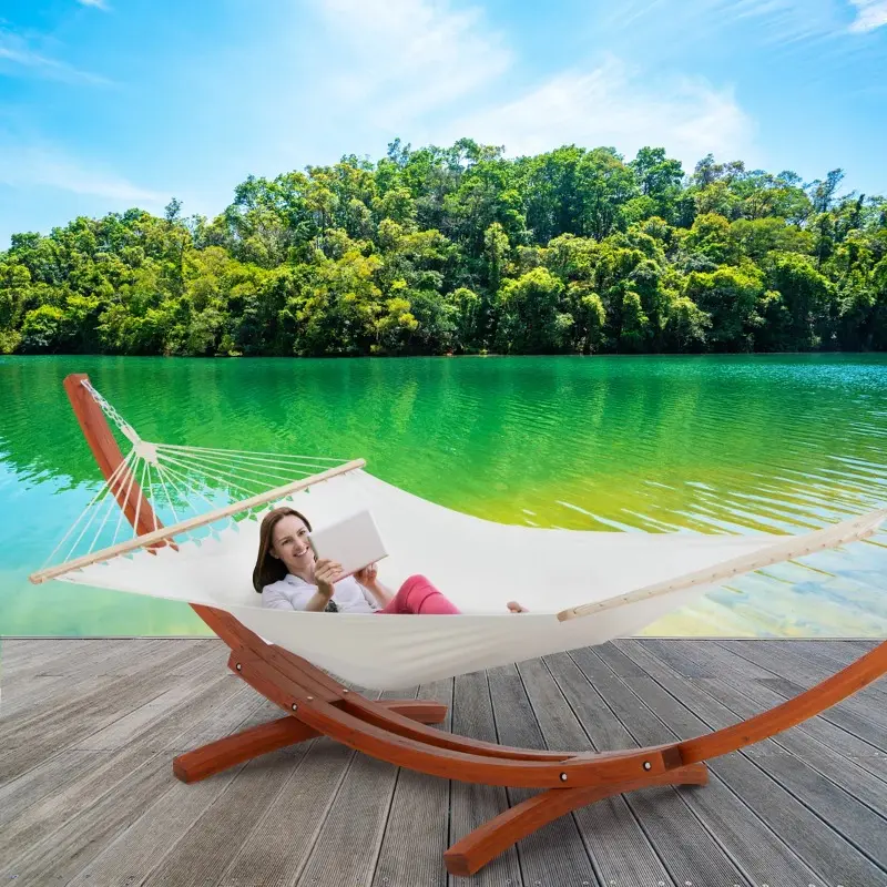 Wooden Bar Hammock with Stand, Heavy-Duty Larch Wood Frame, Breathable Fabric Double Hammock for Backyard, Garden, Patio or Indoor Use