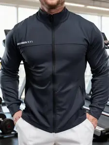 Trendy Men's Sports Fitness Long Sleeve Running Jacket, Zip Front Jacket, Spring Summer Quick Dry Compression Top for Active Training Wear, Workout Jacket