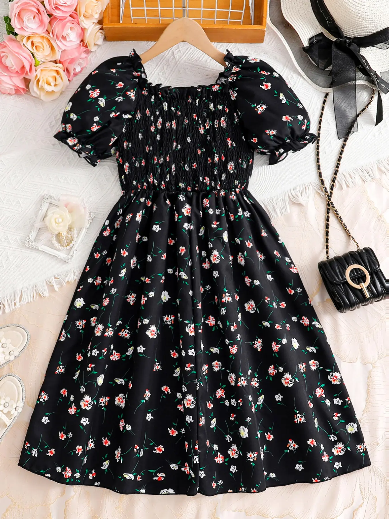 Girls Floral Pattern Bubble Sleeve Knee Length Dress, Casual Dresses, High Waist Elastic Waist Ruffle Hem, Loose Fit Cute Summer Party, Casual Daily Wear, Perfect Gift Idea