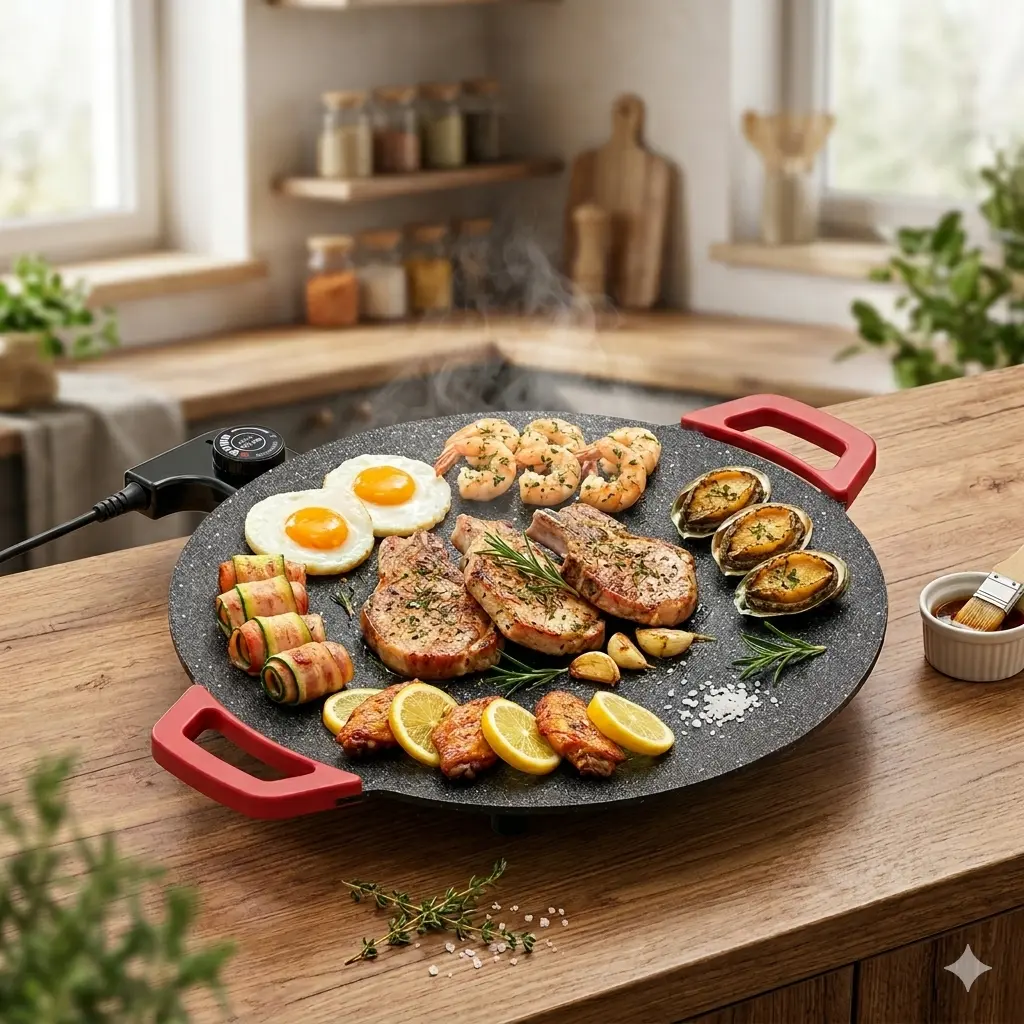 TANLOOK Electric Griddle - Nonstick Round Plate Grill with Adjustable Thermostat, Compact Versatile Smokeless Indoor Appliance for Steaks, Pancakes, Portable Korean BBQ Cooking