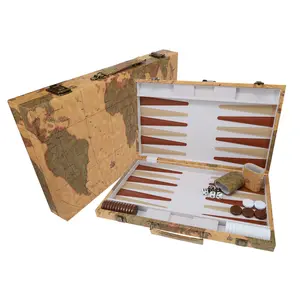 WE Games Tan Map Style Leatherette Backgammon Set, 14.75 x 9.75 in. closed