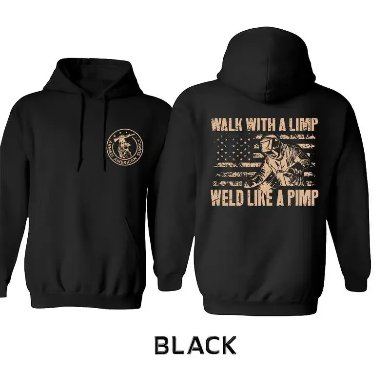 Weld Like a Pimp Hoodie & T-Shirt – Funny Welding Graphic Sweatshirt with American Flag, Double-Sided Print Workwear for Men and Women unisex stylish outdoor hoodie camisetas  comodas boyfriend  tees