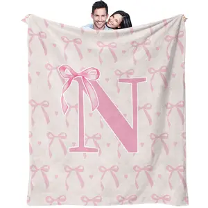 Pink Bow Letter Pattern, Soft, Warm and Lightweight Plush Blanket, Heartwarming Blanket Gift, Suitable for Bed, Sofa, Car, Room Decoration and Gifts, Suitable for Children and Adults, 1 Single-sided Printed Blanket