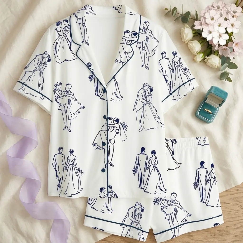 Bridal Pajama Set White Navy Bride Groom Sketch Print Wedding Morning PJs Short Sleeve Button Down Shirt Shorts Sleepwear Just Married Honeymoon Gift for Bride Romantic Lounge Set Soft Cozy Nightwear Trendy Matching Pyjamas Women