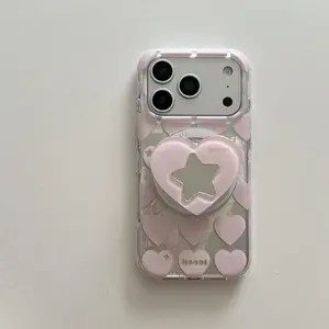 Phone Case with Mirror & Kickstand for iPhone 13 14 15 16 17 Pro Max Pink Blue Heart Star Design Semi Transparent Bumper MagSafe Compatible