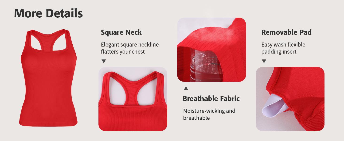 ATTRACO  Ribflex Tank Tops With Built-in Removable Bra Square Neck Female Yoga Athlete  SlimFit Seamless Built-in Bra Workout Tank Top