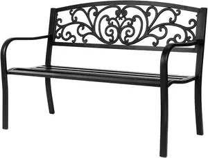 VINGLI Outdoor Bench for Patio Metal Garden Bench w/PVC Back Pattern, Black Park Bench Front Porch Bench for Yard Lawn Decor Deck Entryway