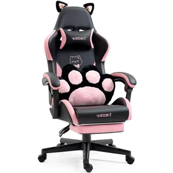 【Bellemave】Cute Cat Gaming Chair with Paw Lumbar Cushion, PC Video Gamer Chair for Girl Teen Woman