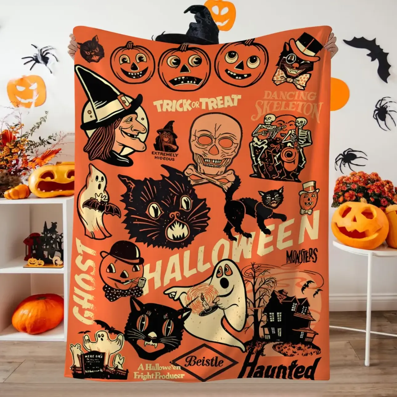 Nostalgic Halloween Ghost Pattern Throw Blanket - Vintage Skeleton, Black Cat Design - Soft Cozy Bedding for Bedroom, Couch Decor, Gift Item, Throw Blankets, Nostalgic Halloween Decor