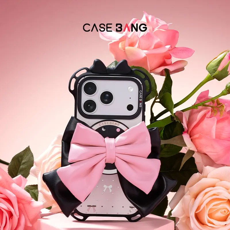 Casebang MagSafe Pink and Black Bow Series Phone Grip Stand – Detachable Magnetic Mount for MagSafe-Compatible Smartphones.
