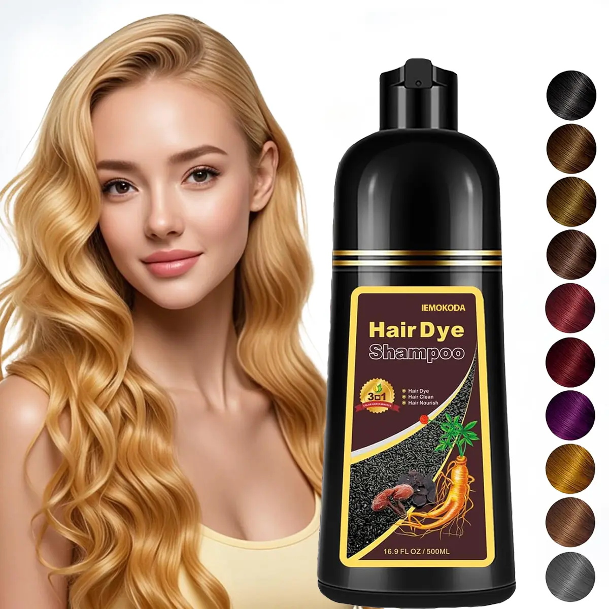 3 in 1 Hair Dye Shampoo, Blonde Brown Hair Dye, Herbal Ingredients, Contains Gingseng Extract, Can Cover Gray Hairs, Natural Haircoloring，Plant Haircare, Black Brown Burgundy Hair Dye，Salon