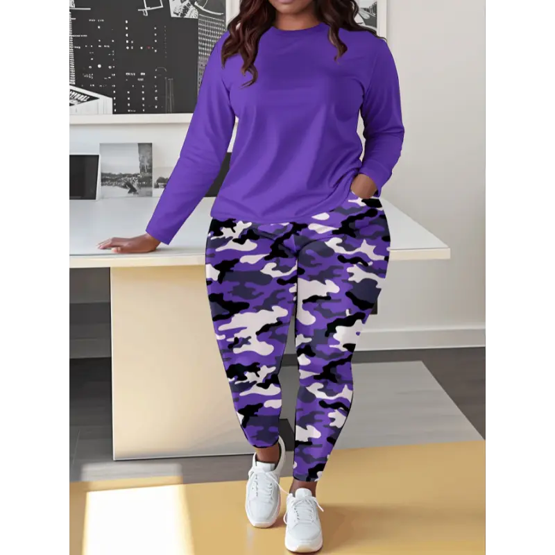 Women's Plus Size 2-Piece Camouflage Loungewear Pajama Set - Round Neck Long Sleeve Top, Pocketed Pants, 100% Polyester Fabric, for Lady (4XL,5XL)