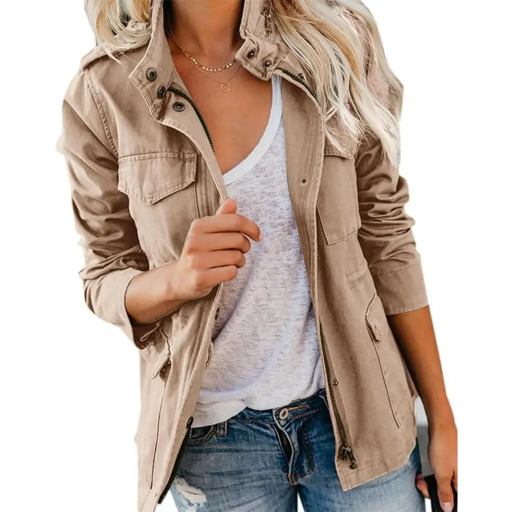 Imily Bela Essentials Women Military Anorak Jackets Zip Up Snap Buttons Parka Safari Utility Coats Outwear with Pocket