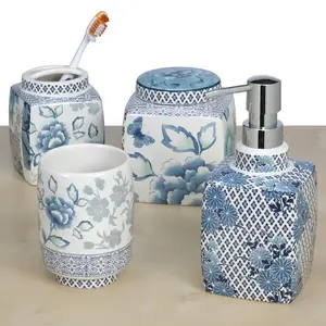 Blue and White Four Piece Ceramic Bathroom Accessory Set with Floral Design and Elegant Patterns