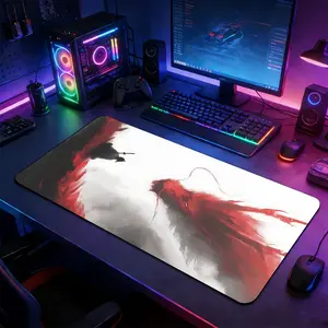 Red Black Ink Wash Samurai Duel Large Extended Gaming Mouse Pad, Extended Mousepad, Non-Slip Rubber Base Stitched Lock Edge Desk Mat, Wuxia Aesthetic Design Desk Pad, Durable Computer Accessory for Home Office & Gaming Setup, Gift for Gamers & Wuxia Fans