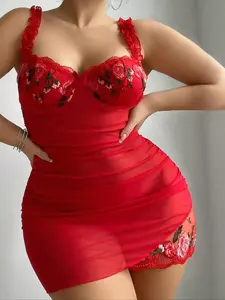 Plus Size Elegant Casual Cami Spaghetti Strap Nightgown 2 Piece Set, Nightwear, Loungewear, Fitted, V Neck, Floral Rose Embroidery, Adjustable Straps, Soft Lightweight Fabric, Sleeveless for All Seasons, Sleeveless Cami Nightdress